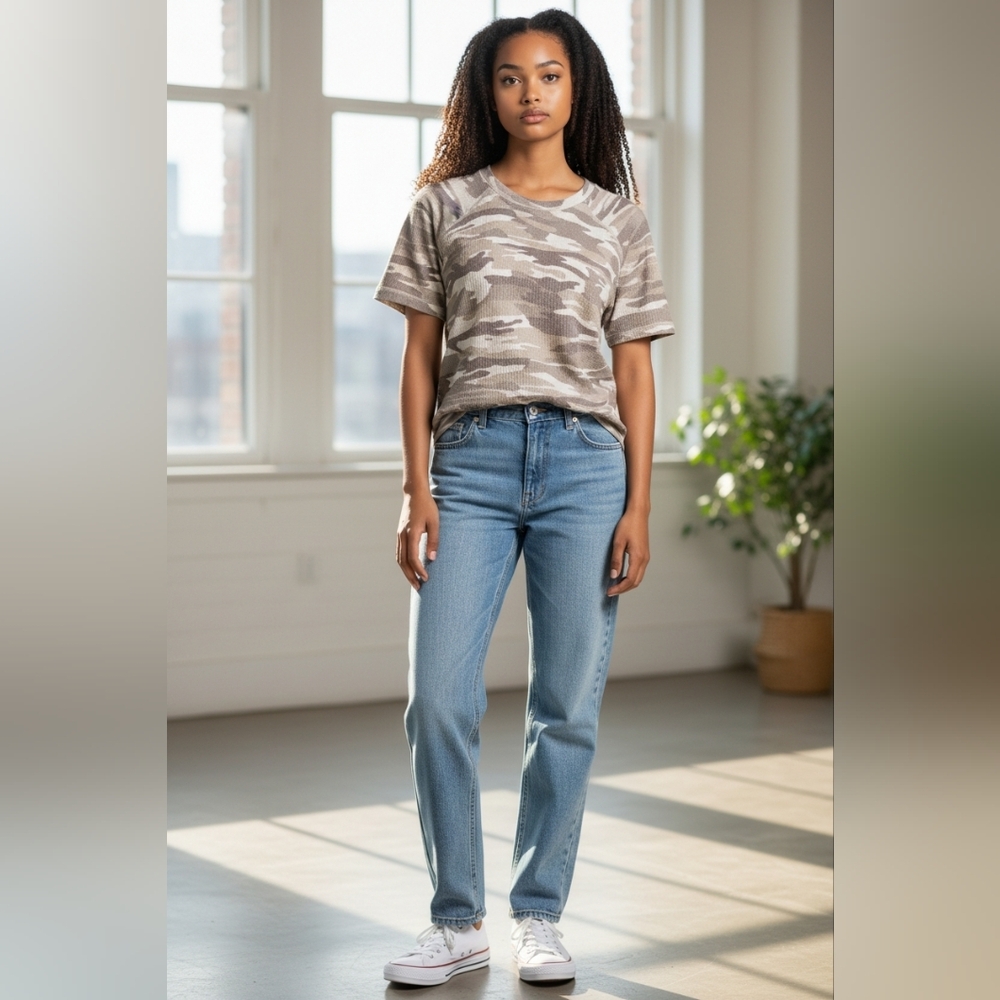 Sweet Romeo White Gray Camouflage Camo Waffle Knit Top